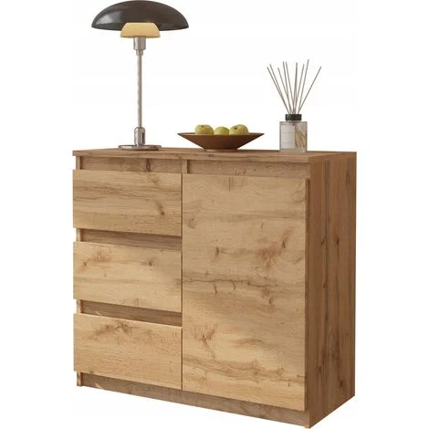 Cassettiera alta 80 cm in rovere Wotan con 3 cassetti, 1 anta e 1 ripiano.