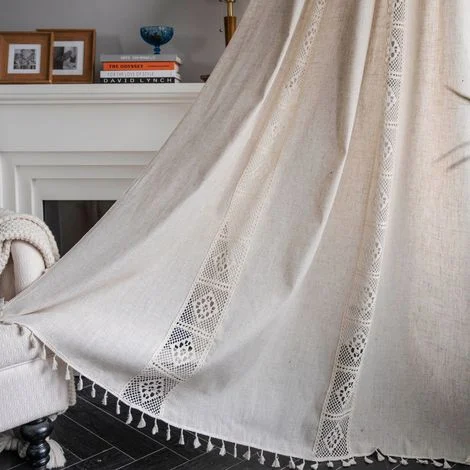 Tende in cotone e lino in stile bohémien INHHUB, opache, beige, 150 x 240 cm, gancio cavo, realizzate in poliestere e lino
