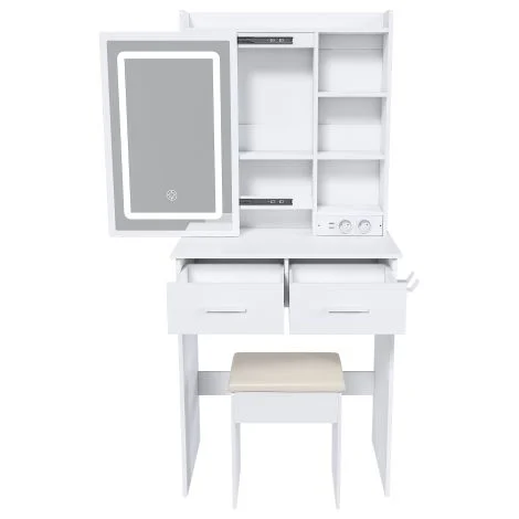 Toeletta bianca con specchio, illuminazione a LED regolabile e presa elettrica 1 sgabello imbottito, 60 x 136 x 36 cm, CJHXE