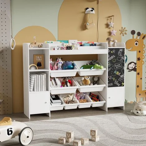 Mobile libreria per bambini - struttura in legno massello - 2 armadi - ripiani aperti e lavagna - design moderno - 137x53x94,5 cm - Bianco