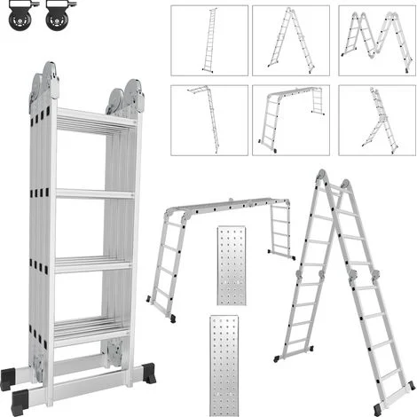 Wolketon 7 in 1 Scala pieghevole articolata 4x4 gradini, ponteggio multifunzionale, distanziale da muro, scaletta, 2 piattaforme di lavoro