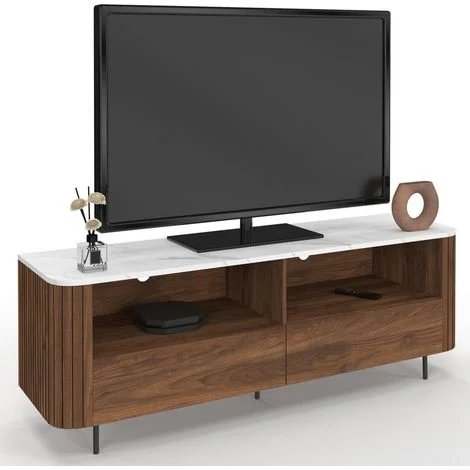 140 cm MARLA mobile TV effetto doghe in noce con 2 cassetti e piano in marmo bianco ALASKA