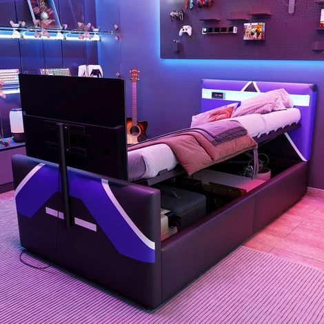 Letto per Bambini 90x200 cm con Illuminazione LED, Supporto TV, Vano Portaoggetti Idraulico, in Pelle PU, Black (Senza Materasso)