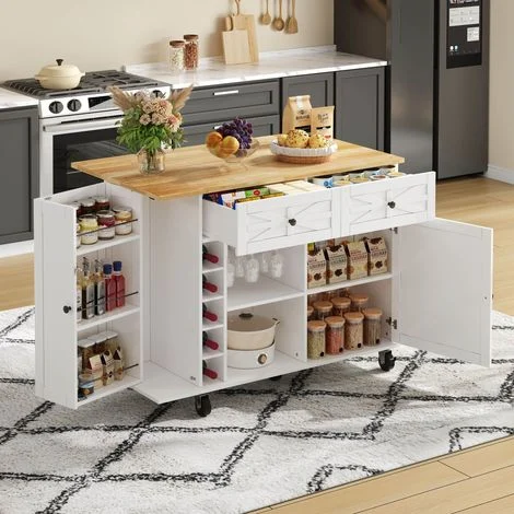 Isola cucina con piano di lavoro ribaltabile, dotata di 5 ruote bloccabili, ripiano sulla porta, portabottiglie e portabicchieri, bianca, 120 x 45(70) x 89 cm