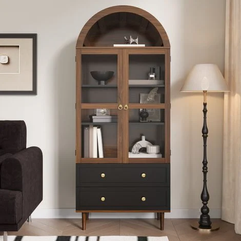 Vetrina madia 70x38x168 cm con ante in vetro curvo e ripiani regolabili, MDF, marrone