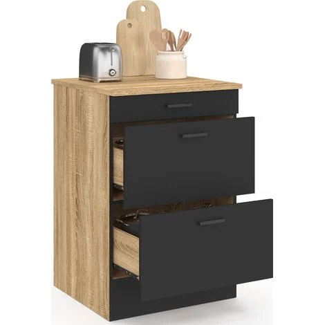 Base cucina 60 cm SUBTIL casseruola occasionale 3 cassetti legno e nero
