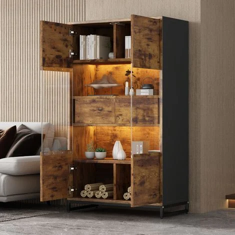 Vetrina con 2 Ante e 2 Cassetti e LED Bluetooth, 6 Vani, Stile Moderno Retrò, in MDF, Nero Effetto Legno, 80×40×138 cm