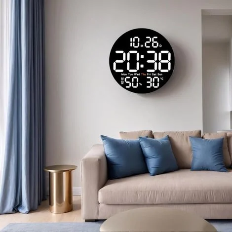 Orologio da parete digitale a LED da 25,5 cm, radiocontrollato, di facile lettura, moderno, silenzioso, con indicazione della temperatura, ideale per arredare camera da letto, soggiorno e ufficio, col