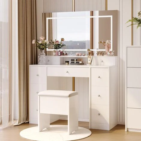 Toeletta con specchio LED touch e sgabello - Tavolo da trucco moderno con 3 colori di illuminazione e 9 cassetti - Legno ingegnerizzato e metallo - Bianco