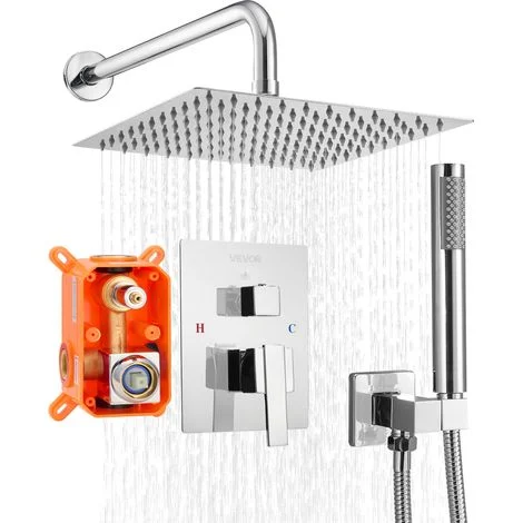 VEVOR Set Doccia, Sistema Doccia a Pioggia per Bagno con Soffione Quadrato da 25,4 cm e Doccetta, Accessori per Vasca da Parete con Valvola in Ottone e Kit di Finitura, Argento Cromato