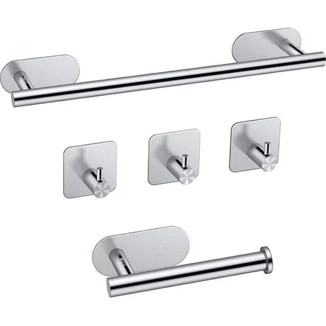 Kit portasciugamani da bagno JiGiU da 40 cm, portasciugamani autoadesivo in acciaio inox 304 + portarotolo + 3 ganci portasciugamani, set portasciugamani - Argento -Crezuo