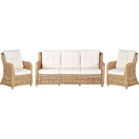 Set da giardino in rattan naturale divano a 3 posti 2 poltrone cuscini bianchi Alessano