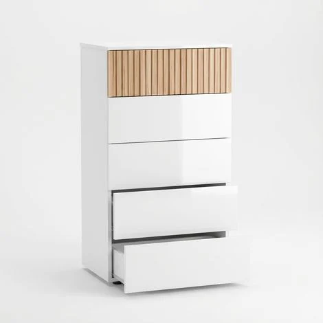 Comò Settimino 5 Cassetti Settimanale Alto Salvaspazio Mobile Mobiletto Cassettiera Design Per Camera da Letto Ingresso Corridoio Moderno Scandinavo 109 x 61 x 40 Cm Bianco E Rovere Listato