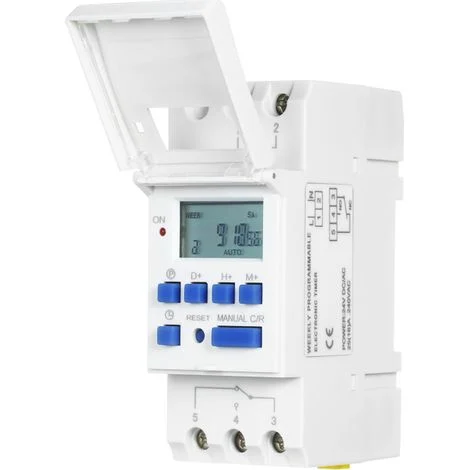 Timer programmabile THC15A con display LCD, relè da 16 A, 7 giorni, 16 cicli, alimentazione AC/DC 24 V, montaggio su guida DIN.