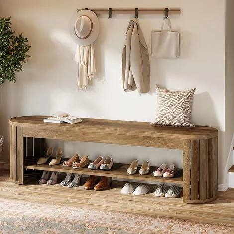 Tribesigns Panca da ingresso in legno da 63" con vano portascarpe, panca lunga e stretta a 2 ripiani con gambe con giunzione a listelli verticali ad arco, sgabello da fine letto per camera da letto, i