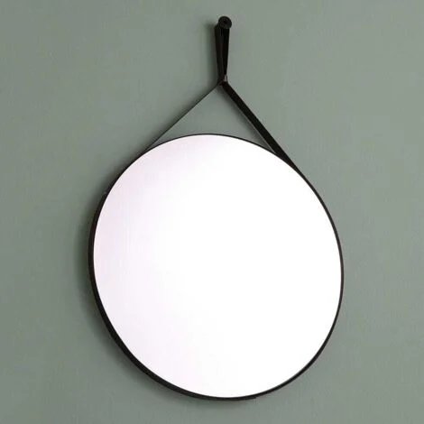 Specchio Bagno Design Rotondo E Cornice Con Laccio In Pelle Nera