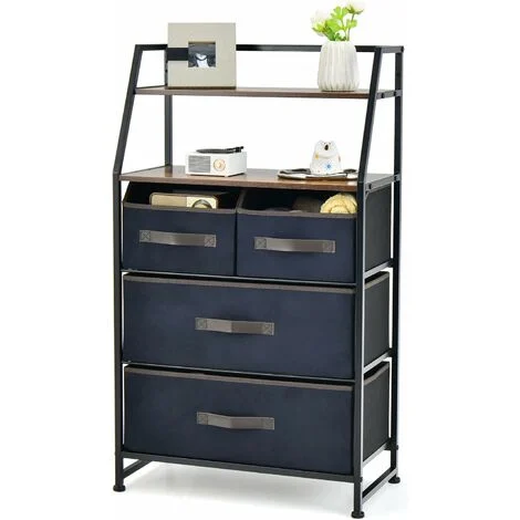 COSTWAY Cassettiera con 4 Cassetti in Tessuto, Mobiletto Contenitore con 2 Ripiani Aperti, Comò per Camera da Letto Armadio Soggiorno e Ingresso, Stile Industriale