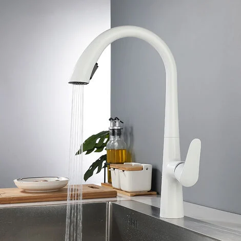 Rubinetto Cucina con Doccetta Estraibile 2 Modalità Miscelatore Monocomando per Lavello Girevole a 360° Bianco