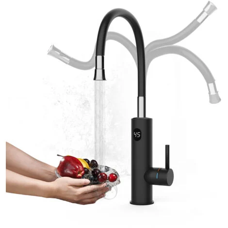 Rubinetto Acqua Calda Elettrico Istantaneo, 3200W Scalda Acqua Elettrica Rubinetto per Cucina con Display a LED e Tubo Flessibile, Ruota di 360 Gradi Tankless Elettrico Rubinetto per Bagno