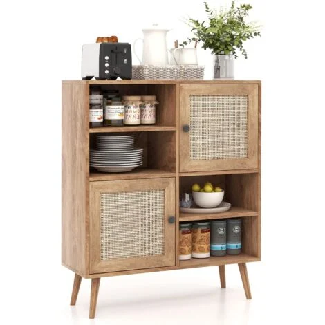 COSTWAY Credenza con 2 Ante in Rattan Naturale, Mobiletto Multiuso in Stile Boho con 4 Scomparti Aperti, Mobile da Cucina, Sala da Pranzo e Soggiorno, Naturale, 80 x 29,5 x 97 cm