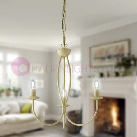 Lampadario Rustico Botte 3 Luci In Ferro Battuto Decapè Avorio