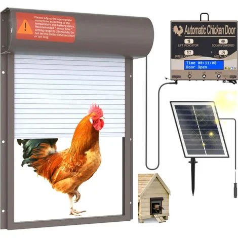 Porta automatica per pollaio a energia solare con timer, display LED, nera