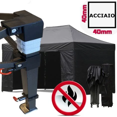 Gazebo 3x4,5m nero certificato IGNIFUGO pieghevole portatile estendibile richiudibile estensibile acciaio con laterali per fiere eventi stand chiosco tenda tendone mercato mercatino
