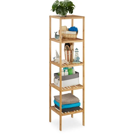Relaxdays Colonna Bagno, in Bambù, Mobile Alto a 5 Ripiani, da Cucina, Salvaspazio H x L x P: 140 x 34 x 33 cm, naturale
