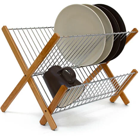 Relaxdays Scolapiatti CROSS HLP 27x39x29 cm, Gocciolatoio Pieghevole per Piatti, Struttura in Bambù e Metallo, Naturale
