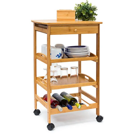 Relaxdays Carrello Cucina JAMES L, in Bambù, HBT 80,5 x 50 x 37 cm, Mobile con Rotelle, Ripiani, Cestini, Legno naturale