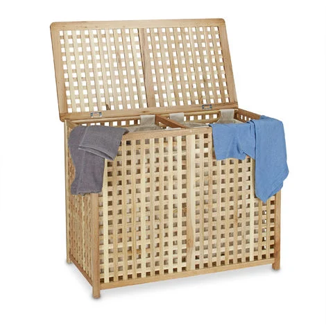Relaxdays Cesto Portabiancheria Doppia, in Legno, HLP: 46,1 x 87,9 x 68,1 cm, 2 Sacchi Porta Biancheria, Colore naturale