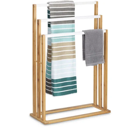 Relaxdays Porta Asciugamani da Terra in Bambù, HLP: 82 x 54 x 24 cm, Portasciugamani da Pavimento Autoportante, Marrone