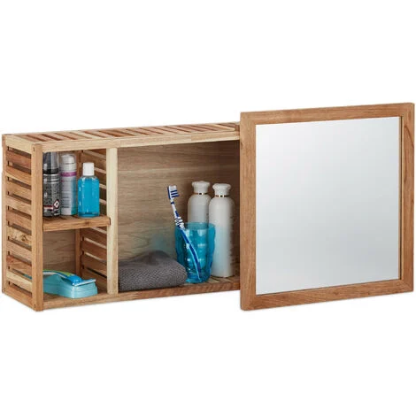 Relaxdays Scaffale da Parete con Specchio Scorrevole, Mensola a Muro per il Bagno, Legno di Noce, Largo 80 cm, Naturale