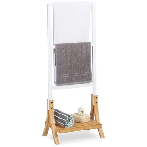 Relaxdays Portasciugamani da Terra per il Bagno, a 3 Bracci, con Ripiano Portaoggetti, 104x41x28,5 cm, Naturale Bianco