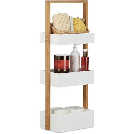 Relaxdays Scaffale bagno in bambù con 3 cestini ripiani mensole di MDF HxLxP: 76 x 30 x 18,5 cm bianco/beige