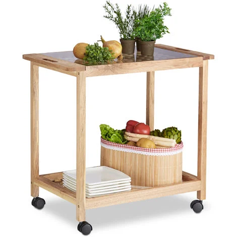 Relaxdays Carrello Portavivande Cucina, Legno di Noce, Carrellino con Ruote, Piano in Vetro, 62x66x38 cm, Marrone Chiaro