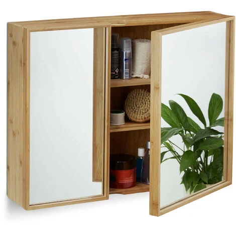 Relaxdays Armadietto a Specchio da Bagno in Bambù, Mobiletto con 2 Ante, Pensile a Parete, 50 x 65 x 14 cm, Naturale