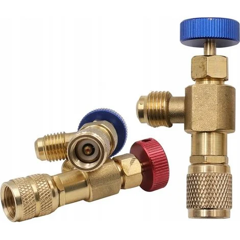 Valvola Rosfix per il riempimento di impianti di refrigerazione con refrigerante R32, parte inferiore R410, parte laterale R410 blu.