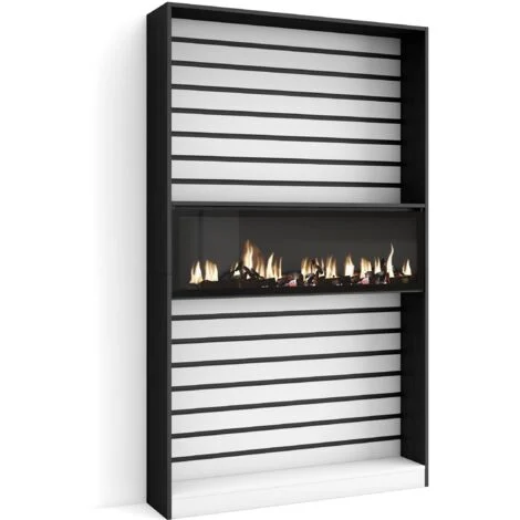 Skraut Home - Libreria scaffale, Scaffali in legno a ripiani, 110x186x25cm, Soggiorno - Ufficio, Camino elettrico, Stile moderno, Bianco e nero