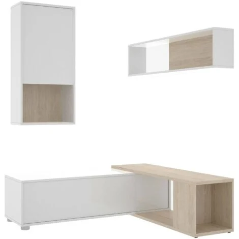 Dmora - Parete attrezzata Denali, Set da soggiorno modulare ad angolo, Mobile salotto multiposizione, 230x41h180 cm, Bianco e Rovere, con imballo rinforzato