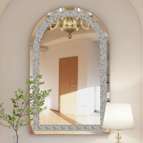 Arco Specchio Decorativo da Parete Cristallo Argento Art Specchio da camera Specchio da bagno Decorazioni muro con cornice 90x60cm