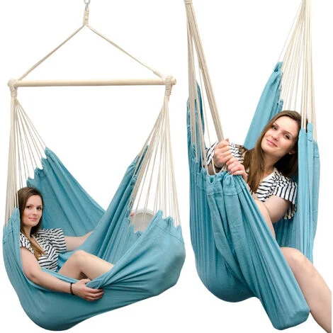 Amaca XXL per tutta la famigliaDondolo peso massimo supportato 150 kgSedile sospeso di tela 190x140cmDondolarsi 100% cotoneAmaca incl. moschettoniPer la siestablu mare