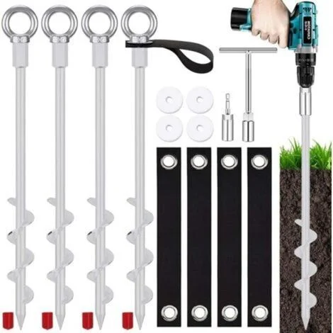 Set di 4 kit di ancoraggio per trampolino, picchetti a vite per tenda, ancoraggi a terra, ancoraggi a terra per tende, trampolini da campeggio, verande, per venti forti