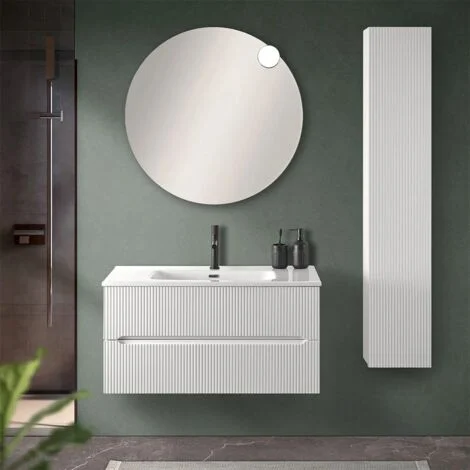 Mobile bagno sospeso cannettato 90 cm bianco opaco con specchioBali