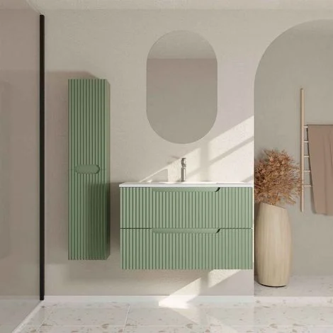 Mobile e Colonna Bagno LEON 80 cm Verde Oliva - Frontali Ondulati - Lavabo Bianco Opaco