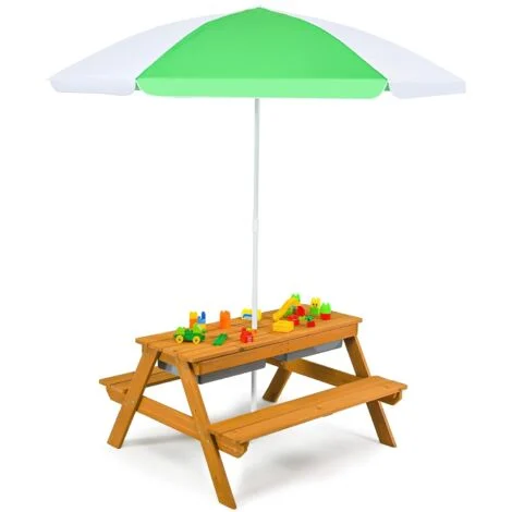 COSTWAY Set Tavolo Picnic Bambini 3 in1 con Ombrellone Rimovibile e Regolabile, Tavolino con Piano Rimovibile, Tavolo con Panche in Legno per Bambini da Interno Esterno (bianco+verde)