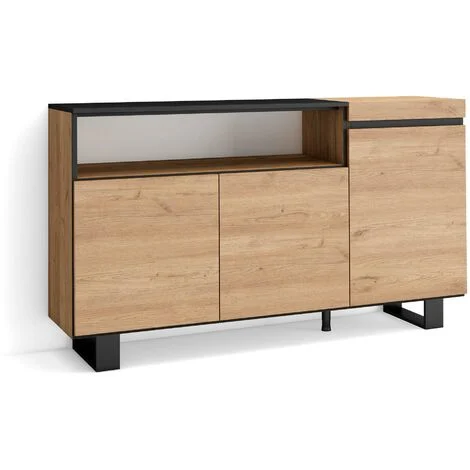 Skraut Home - Credenza, Mobile, Cucina, Madia, mobile ingresso, 150x87x35cm, 3 Porte, Design industriale, Stile moderno, Rovere e nero