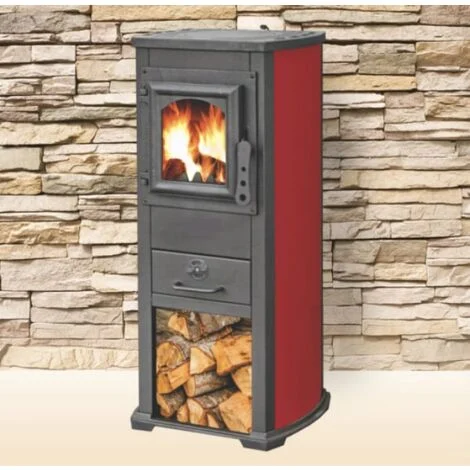 STUFA A LEGNA GHISA VETRO 7 KW CAMINO CON PORTALEGNA cm 39x48x89 ROSSA BRNA LUX 200