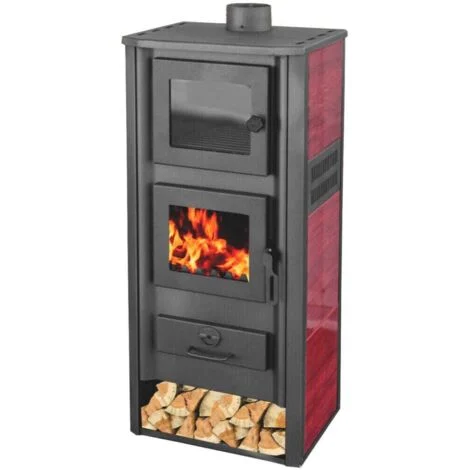 STUFA A LEGNA ACCIAIO VETRO 12 KW CON PORTALEGNA FORNO cm 48x42x117 ROSSO 170ro