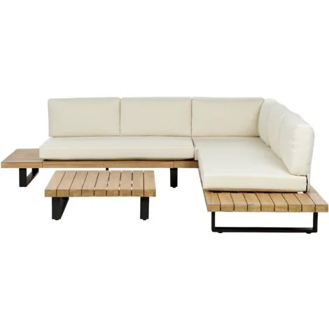 Set da Giardino Divano Angolare 5 Posti Bianco Crema e Legno Chiaro e Tavolino Mykonos